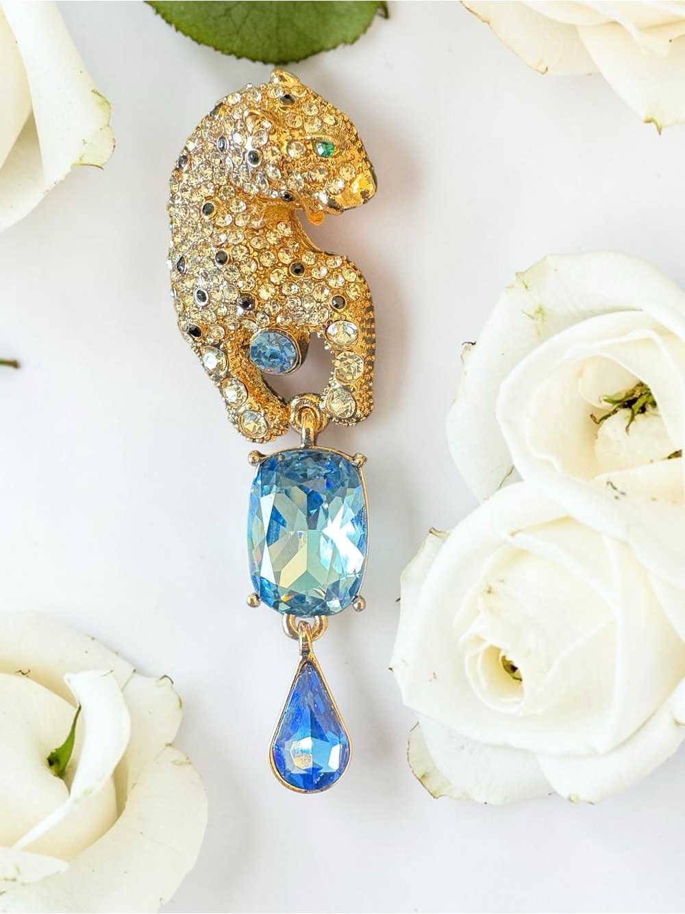Gold and Blue Crystal Drop Earrings - Designer Style - Picture 2 of 2
